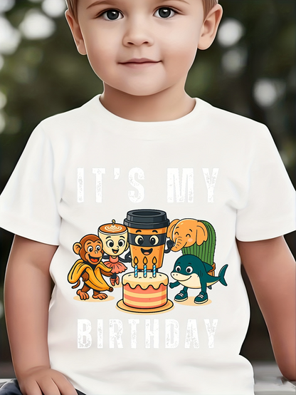 Men's Graphic T-Shirt Its My Birthday With Cartoon Animals Gathering Around Cake