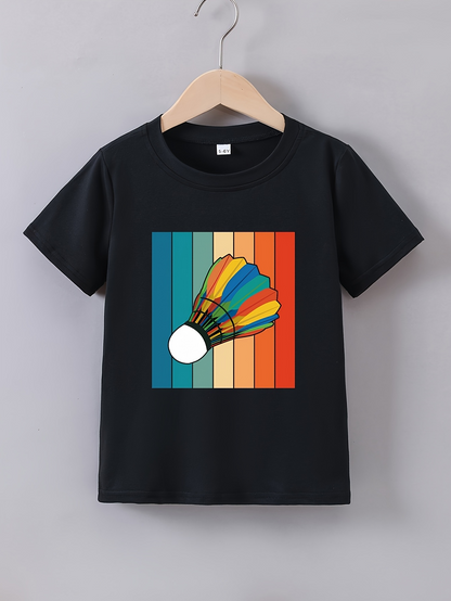 Men's Graphic T-Shirt Retro Colorful Vertical Stripes With Vibrant Shuttlecock Design