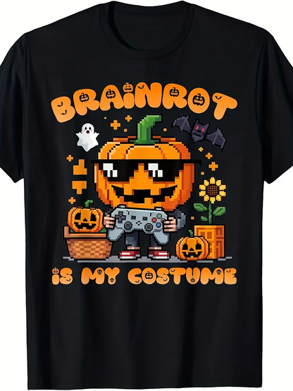 Men's Graphic T-Shirt Brainrot With Pixel Art Pumpkins Ghost And Game Controller