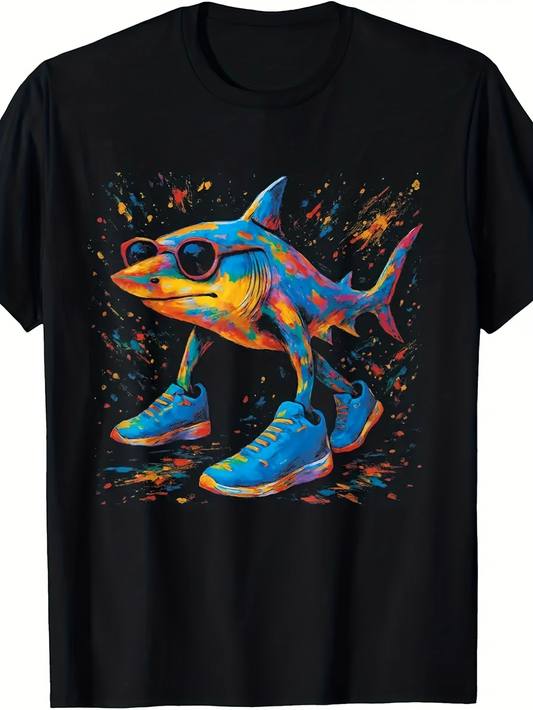 Men's Graphic T-Shirt Colorful Graffiti With Sunglasses Sneakers And Walking Shark