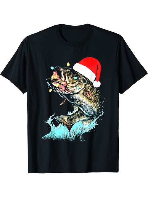 Men's Graphic T-Shirt Festive Holiday Lights With Splashing Water And Merry Santa Hat Fish