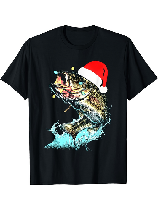 Men's Graphic T-Shirt Festive Holiday Lights With Splashing Water And Merry Santa Hat Fish