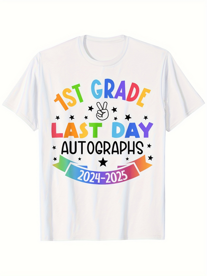 Men's Graphic T-Shirt Rainbow Lettering Stars And Peace Sign With School Year First Grade Last Day Autographs Shirt