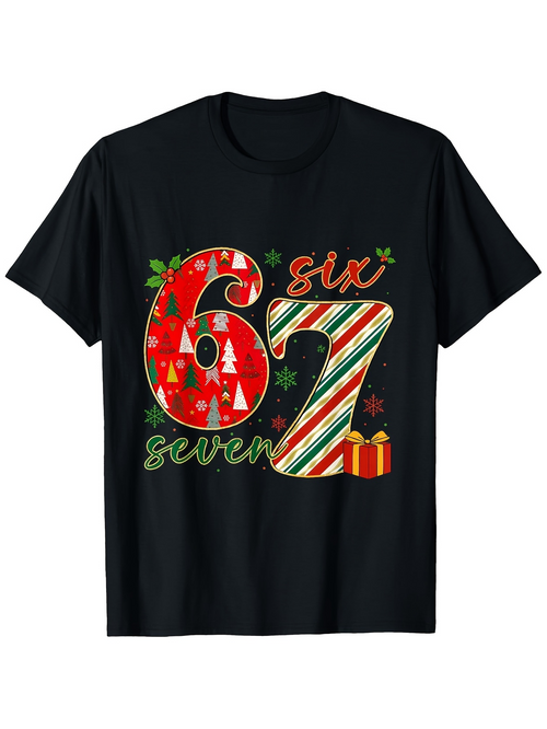 Men's Graphic T-Shirt Six Seven Christmas Trees With Striped Candy Cane And Gift Boxes Number