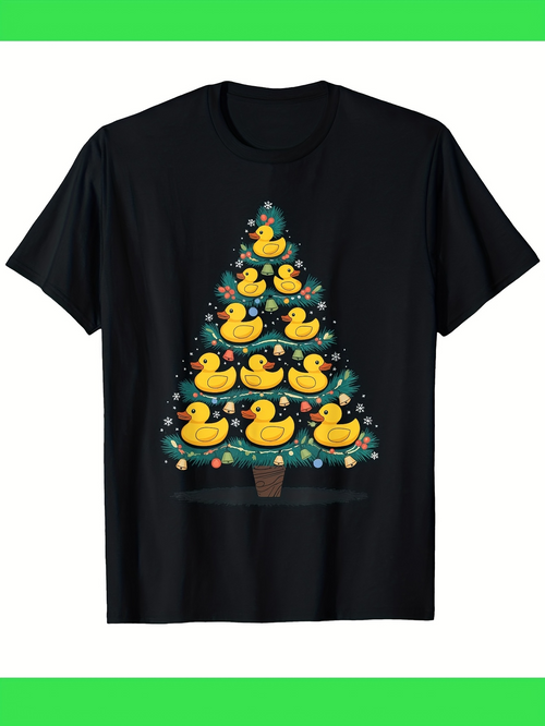 Men's Graphic T-Shirt Sparkling Christmas Lights With Cheerful Yellow Rubber Duck Tree