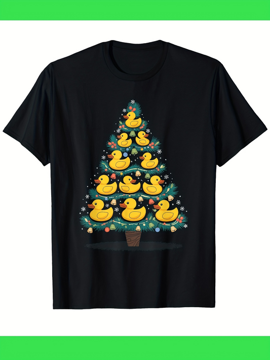 Men's Graphic T-Shirt Sparkling Christmas Lights With Cheerful Yellow Rubber Duck Tree