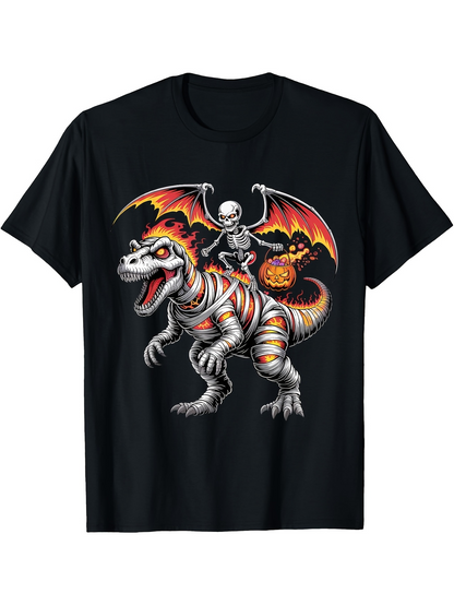 Men's Graphic T-Shirt Halloween Skeleton With Pumpkin Among Burning Bat Wings Dinosaur