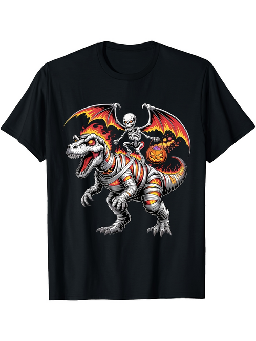 Men's Graphic T-Shirt Halloween Skeleton With Pumpkin Among Burning Bat Wings Dinosaur