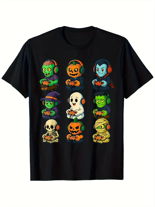 Men's Graphic T-Shirt Cartoon Monsters With Colorful Headphones Playing Video Games