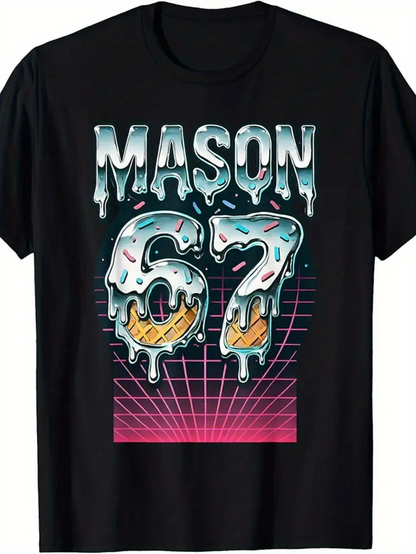 Men's Graphic T-Shirt Mason 67 Melting Icy Numbers With Neon Pink Grid Donut Elements