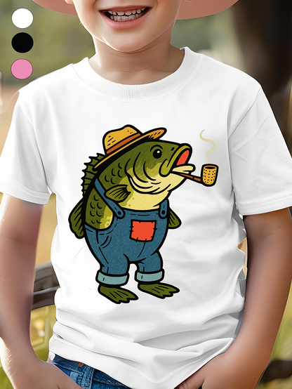Men's Graphic T-Shirt Cartoon Fish Wearing Overalls Hat And Pipe Standing Upright