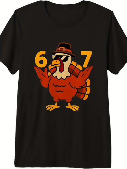 Men's Graphic T-Shirt Cartoon Turkey Wearing Pilgrim Hat With Large Yellow Numbers