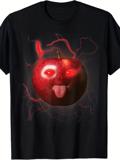 Men's Graphic T-Shirt Glowing Red Electric Aura Surrounding Playful Cartoon Apple