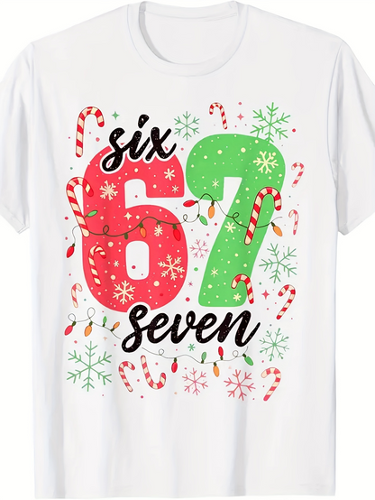 Men's Graphic T-Shirt Six Seven Candy Canes With Christmas Lights Surrounded By Snowflakes Number