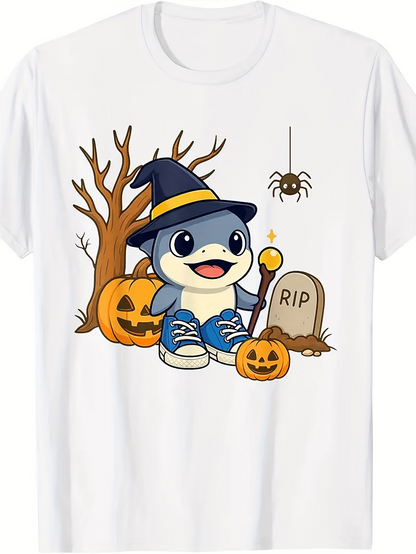 Men's Graphic T-Shirt Halloween Pumpkins Witch Hat With Shark Among Bare Trees