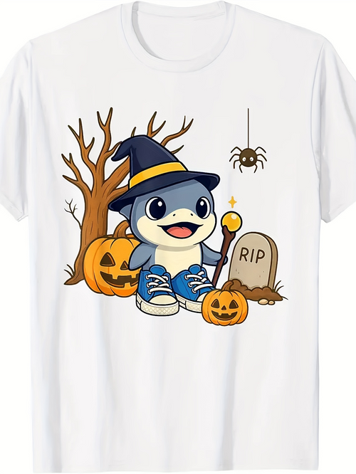 Men's Graphic T-Shirt Halloween Pumpkins Witch Hat With Shark Among Bare Trees