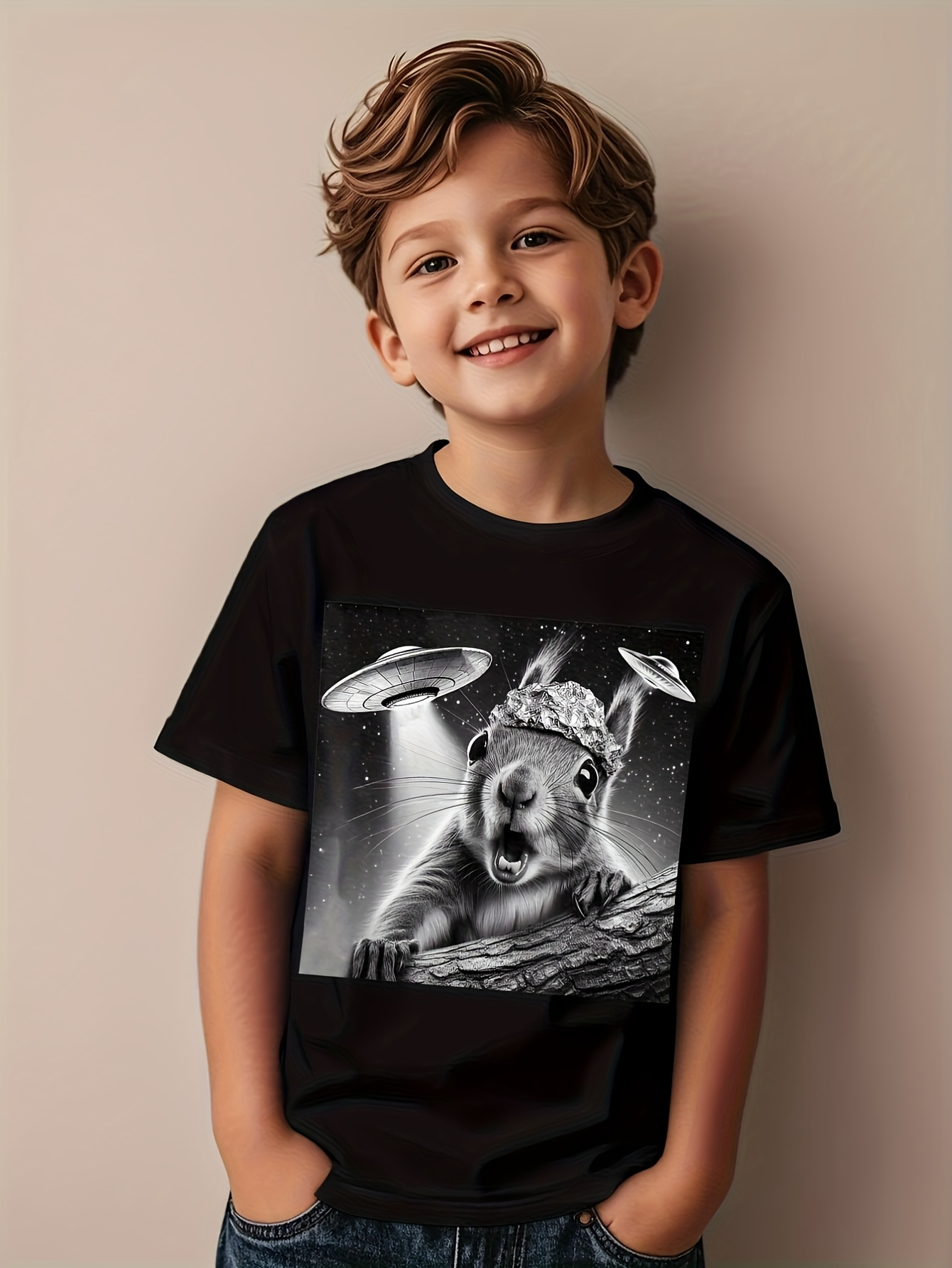 Men's Graphic T-Shirt Spaceships Shining Lights Over Roaring Bear At Night