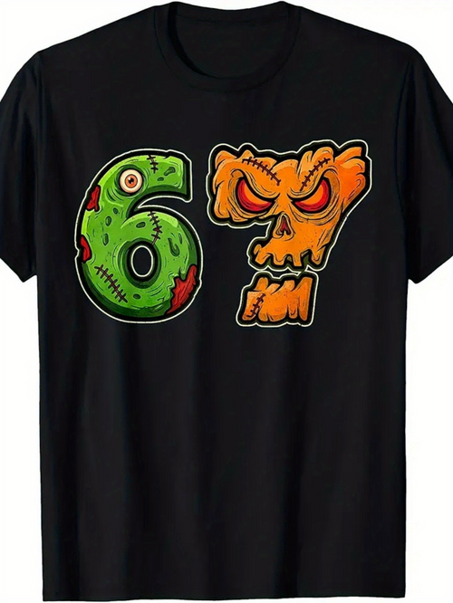 Men's Graphic T-Shirt Halloween Inspired Bright Numbers With Monster Eyes Skull Motif Digits