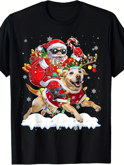 Men's Graphic T-Shirt Santa Claus With Candy Cane Riding A Dog In Snow