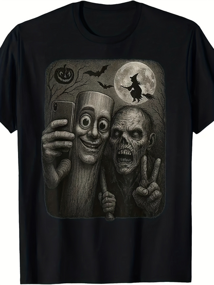 Men's Graphic T-Shirt Full Moon With Bats Witch Flying Creepy Cartoon Characters Selfie