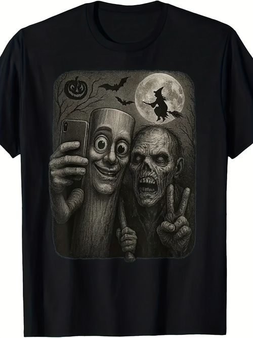 Men's Graphic T-Shirt Full Moon With Bats Witch Flying Creepy Cartoon Characters Selfie