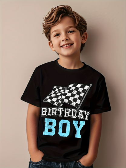 Men's Graphic T-Shirt Birthday Boy Blue Letters With Checkered Racing Flag Graphic