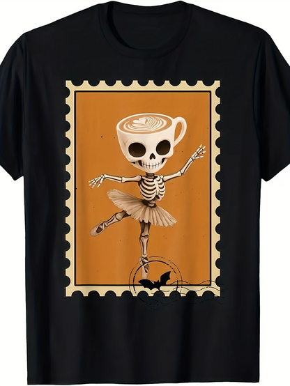Men's Graphic T-Shirt Vintage Postage Frame With Skeleton Ballet And Coffee Cup Head Ballerina