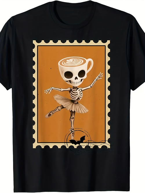 Men's Graphic T-Shirt Vintage Postage Frame With Skeleton Ballet And Coffee Cup Head Ballerina