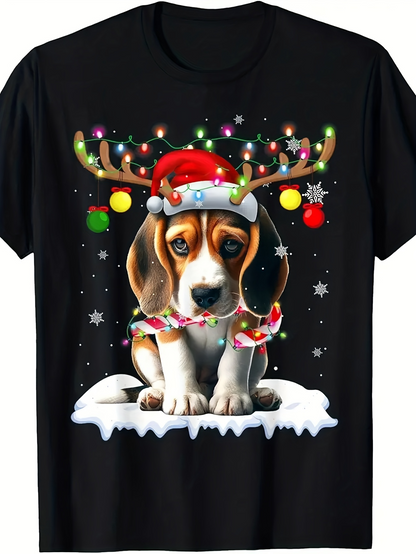 Men's Graphic T-Shirt Festive Holiday Snow With Reindeer Antlers Santa Hat Lights Beagle Dog