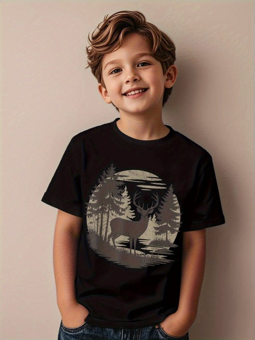 Men's Graphic T-Shirt Moonlit Forest Under Starry Sky With Trees And Deer