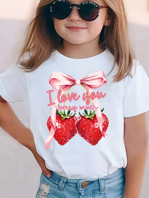 Men's Graphic T-Shirt I Love You Pink Ribbon With Strawberry Fruit Motif And Fresh Leaves Strawberry