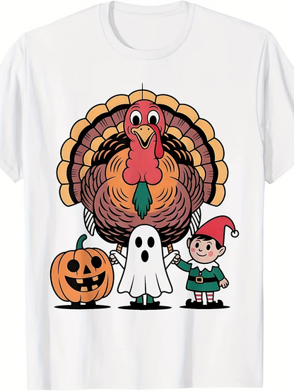 Men's Graphic T-Shirt Festive Scene With Pumpkin Cheerful Ghost Joyful Elf And Happy Turkey