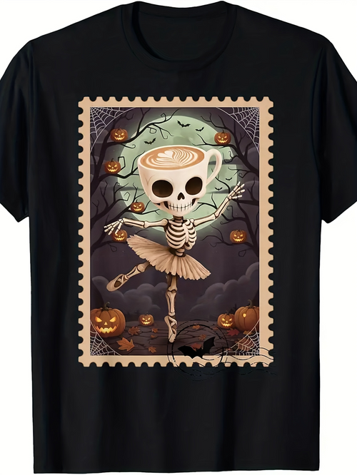 Men's Graphic T-Shirt Whimsical Skeleton Ballerina With Teacup Head Dancing Among Halloween Pumpkins