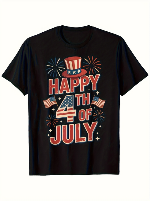 Men's Graphic T-Shirt Happy 4th Of July With Fireworks And American Flags Surrounded By Patriotic Hat