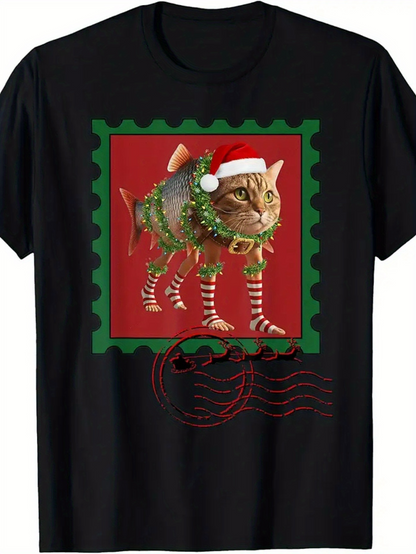 Men's Graphic T-Shirt Festive Holiday Cat With Santa Hat And Wreath Surrounded By Red Christmas Postage Stamp