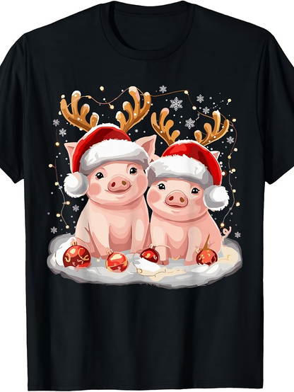 Men's Graphic T-Shirt Joyful Christmas Snow With Hats Baubles Sweet Piglets