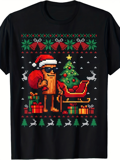 Men's Graphic T-Shirt Pixel Art Christmas Santa Tree With Toys Sleigh And Festive Gifts Character