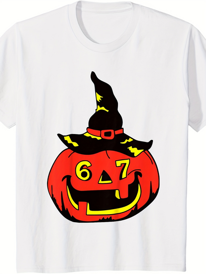 Men's Graphic T-Shirt Halloween Pumpkin With Witch Hat Yellow Numbers Smiling Face