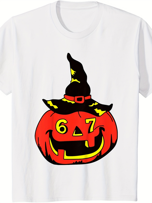 Men's Graphic T-Shirt Halloween Pumpkin With Witch Hat Yellow Numbers Smiling Face