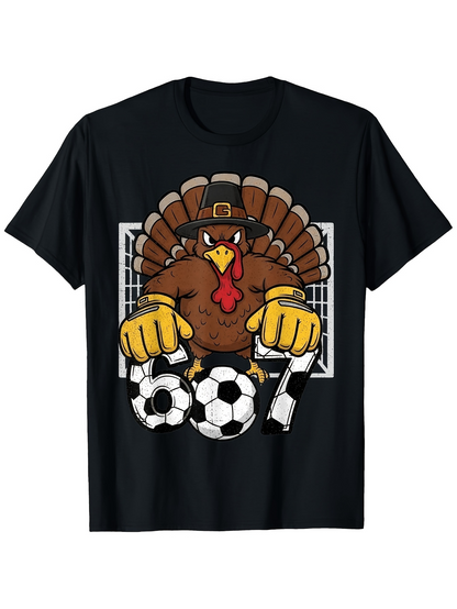 Men's Graphic T-Shirt Cartoon Turkey With Soccer Ball In Front Of A Goal Net