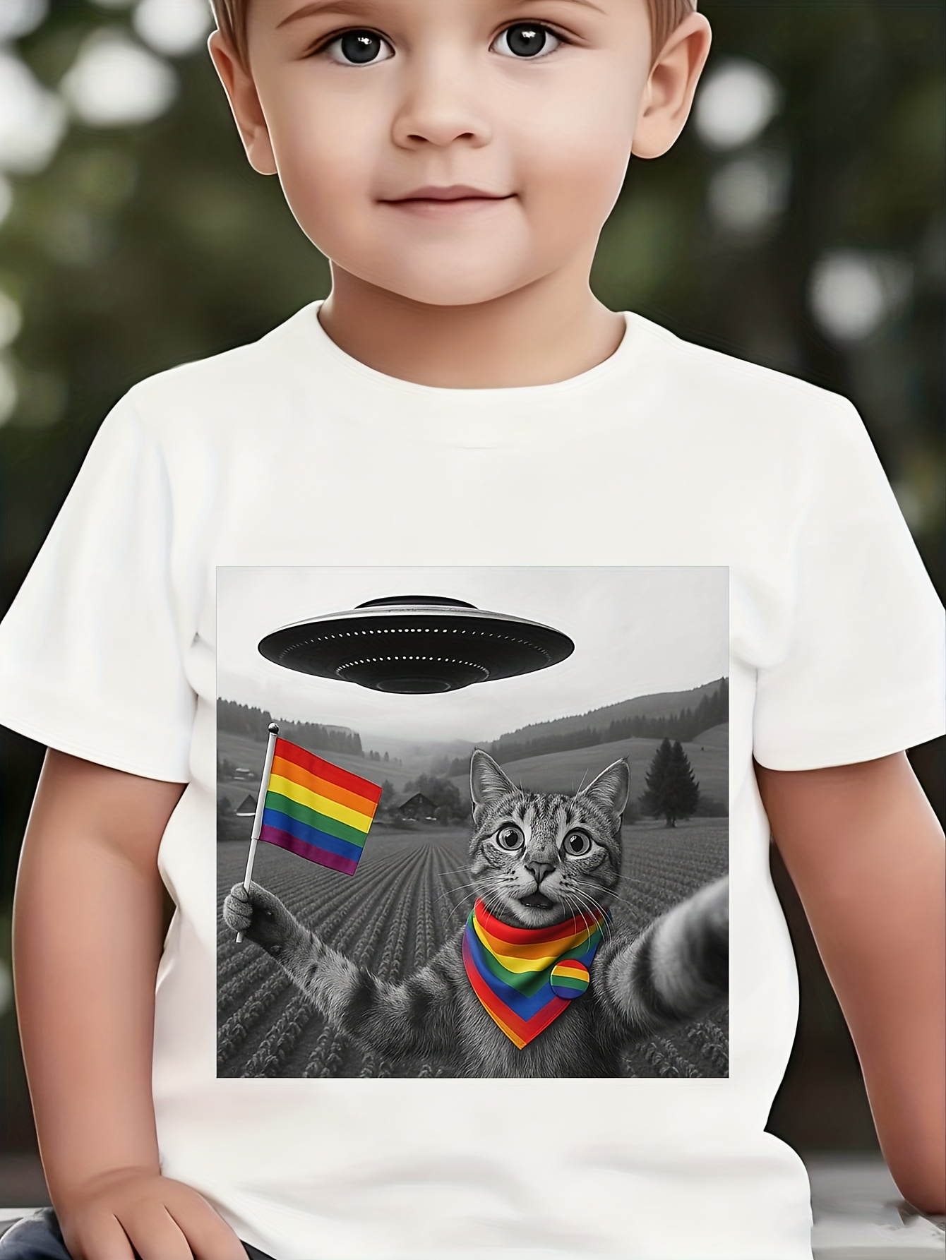Men's Graphic T-Shirt Vibrant Rainbow Fields With Cat Holding Colorful Flag Under UFO
