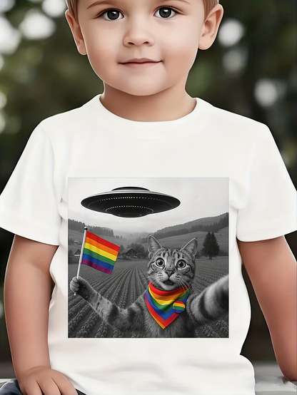 Men's Graphic T-Shirt Vibrant Rainbow Fields With Cat Holding Colorful Flag Under UFO