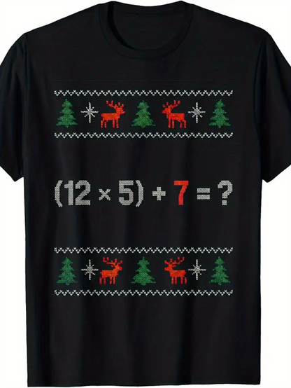 Men's Graphic T-Shirt Festive Holiday Reindeer With Green Winter Pines Black T Shirt