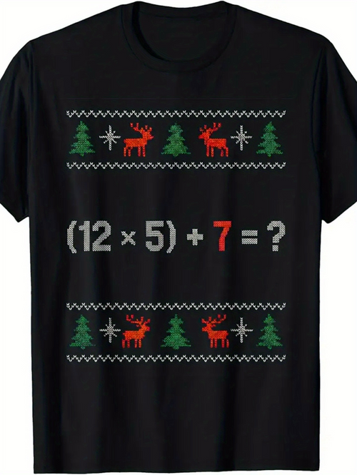 Men's Graphic T-Shirt Festive Holiday Reindeer With Green Winter Pines Black T Shirt