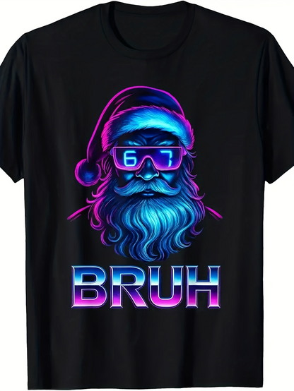Men's Graphic T-Shirt Bruh Neon Lights With Colorful Santa Claus Face