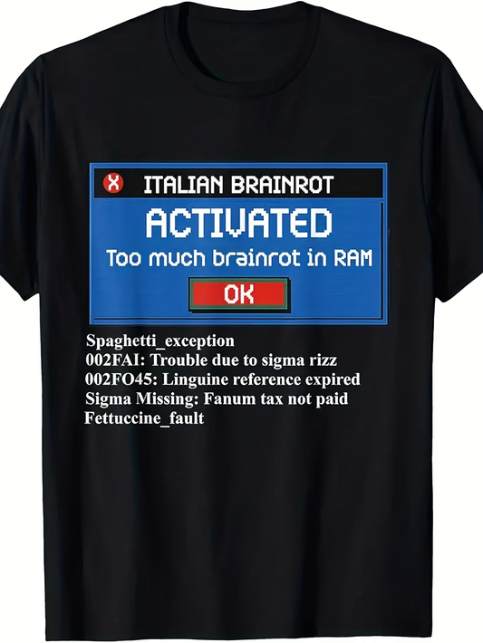 Men's Graphic T-Shirt Italian Brainrot Activated With Error Messages On Black T Shirt