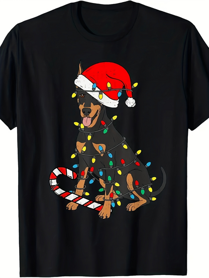 Men's Graphic T-Shirt Festive Holiday Lights With Santa Hat On Playful Doberman Dog