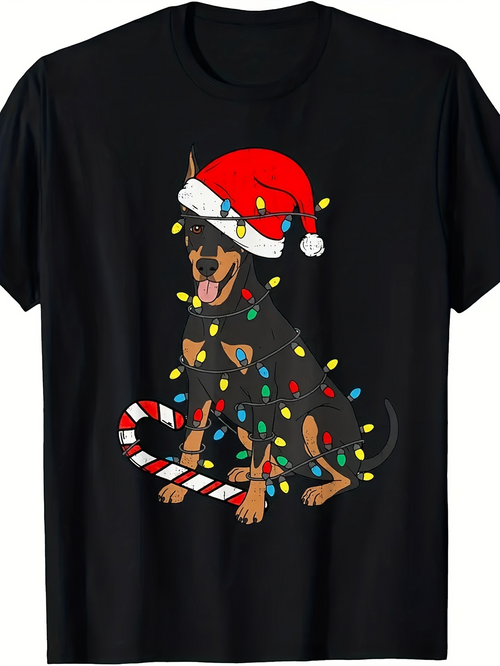 Men's Graphic T-Shirt Festive Holiday Lights With Santa Hat On Playful Doberman Dog