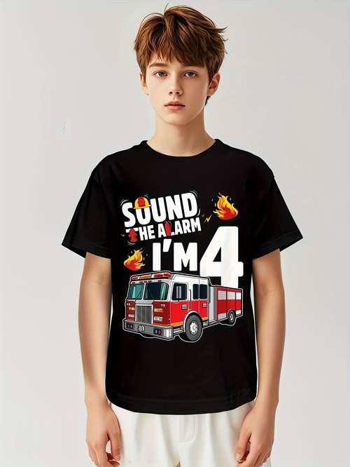 Men's Graphic T-Shirt Sound The Alarm Im Four With Cartoon Firetruck And Flames Under Bright Lights