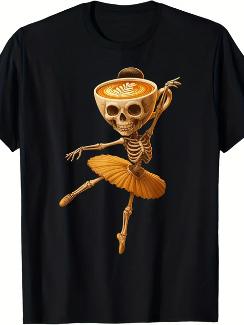 Men's Graphic T-Shirt Dancing Skeleton Wearing Latte Head And Tutu Under Spotlight Ballerina